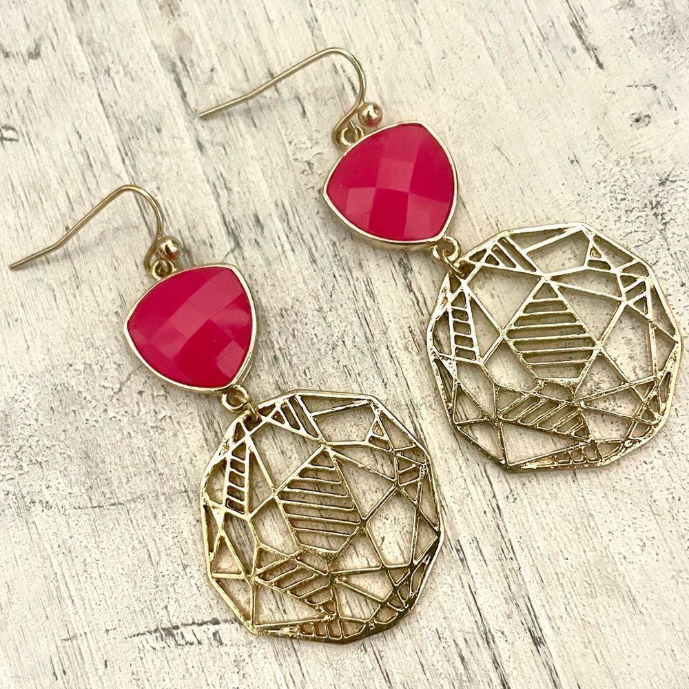 Gold tone and pink drop earrings